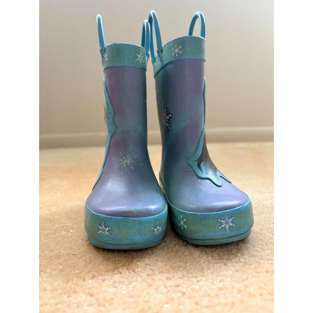 Disney Frozen Elsa Anna Rubber Rain Boots Kids‎ 5/6 Blue Snowflake w/Beanie Olaf